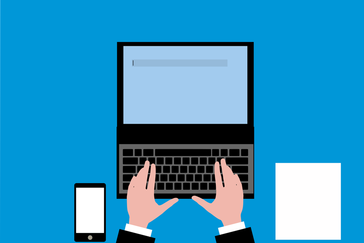 Laptop, Bildschirm, Tippen, Hände, Computer, Papier, Smartphone, Handy, blau