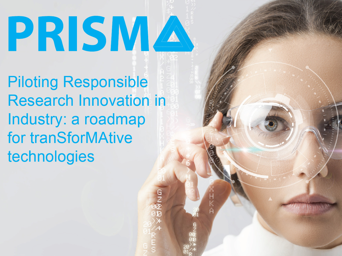 Futuristisches Bild von einer Frau, darüber der Schriftzug PRISMA - Piloting Responsible Research Innovation in Industry: A roadmap for transformative technologies