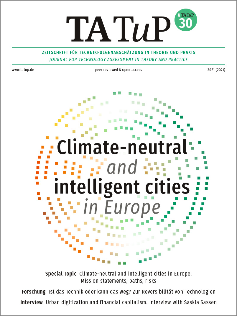 Cover von TATuP-Ausgabe 1/2021 „Klimaneutrale und intelligente Städte in Europa“