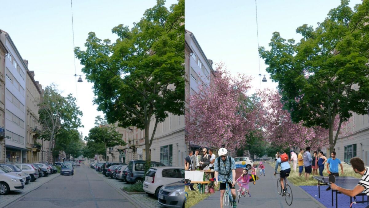 Fotocollage Umwidmung von Parkplätzen des Instituts Entwerfen von Stadt und Landschaft (IESL) für die Profilregion Karlsruhe