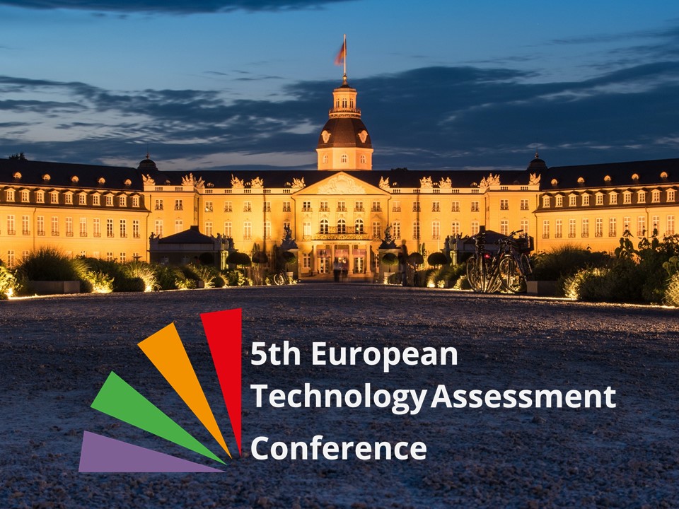 Front view of Karlsruhe Castle with logo of  the 5th European TA conference “Digital Future(s): TA in and for a changing world.” 