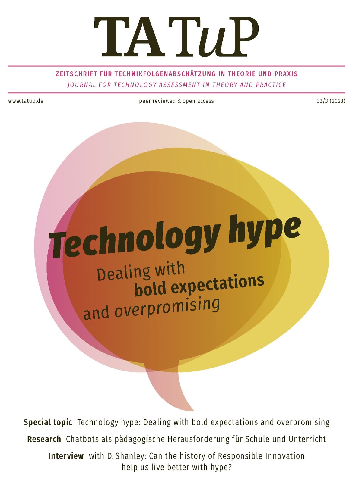 Cover TATuP-Ausgabe 3/2023 „Technologie-Hype: Der Umgang mit überzogenen Erwartungen und Versprechungen“