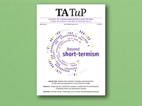 Cover of TATuP journal, issue title "Beyond short-termism," with abstract circular design.