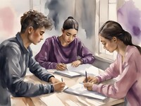 Drei Personen sitzen am Tisch und schreiben oder lernen gemeinsam.