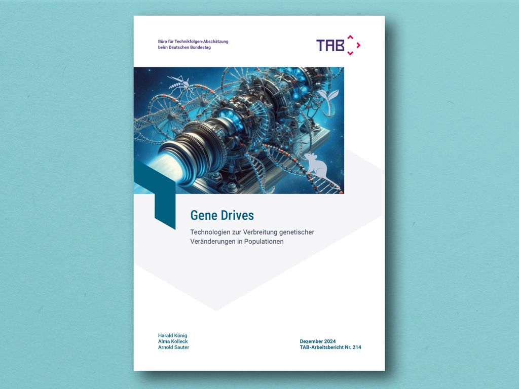 Titelseite des Berichts "Gene Drives" mit technischem und genetischem Motiv.