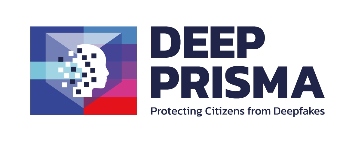 Logo von „DEEP PRISMA“ mit dem Slogan „Protecting Citizens from Deepfakes“ und Kopf-Symbol.