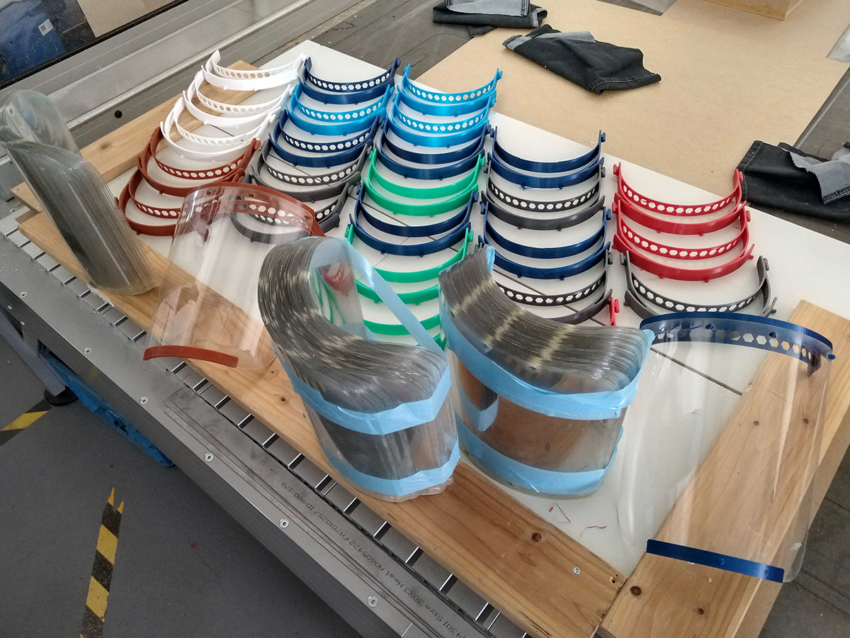 Wikimedia Commons - MakerVsVirus, CC BY-SA IGO 3.0 One stack of ready-to-assemble and to-use face shields at a central collection point of the MakerVsVirus initiative, ready for delivery to local hospitals.