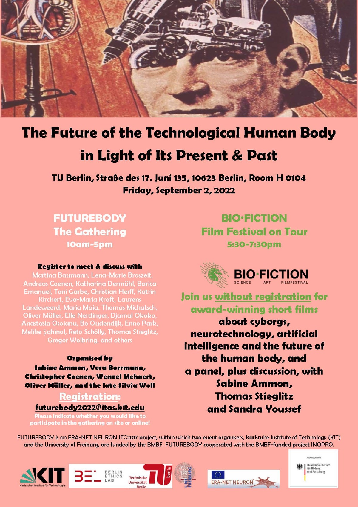 Event poster with the title "The Future of the Technological Human Body in Light of Its Present & Past"