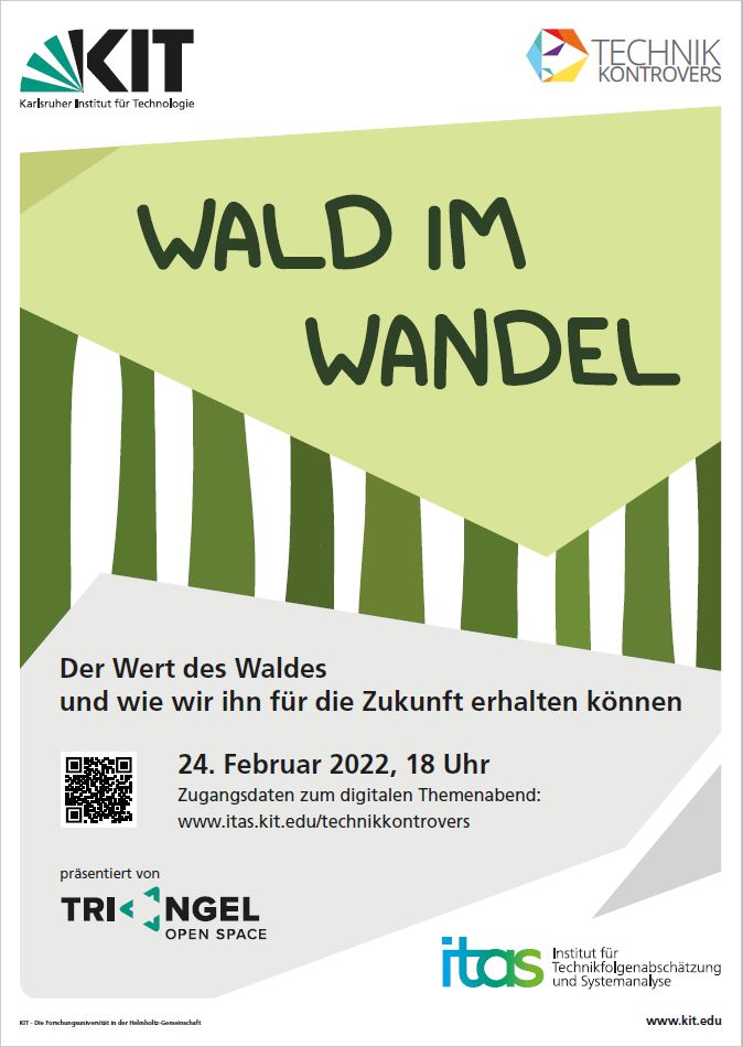 technik.kontrovers-Plakat mit dem Titel "Wald im Wandel" im Vordergrund und Formen und abstrakten Baumstämmen im Hintergrund.