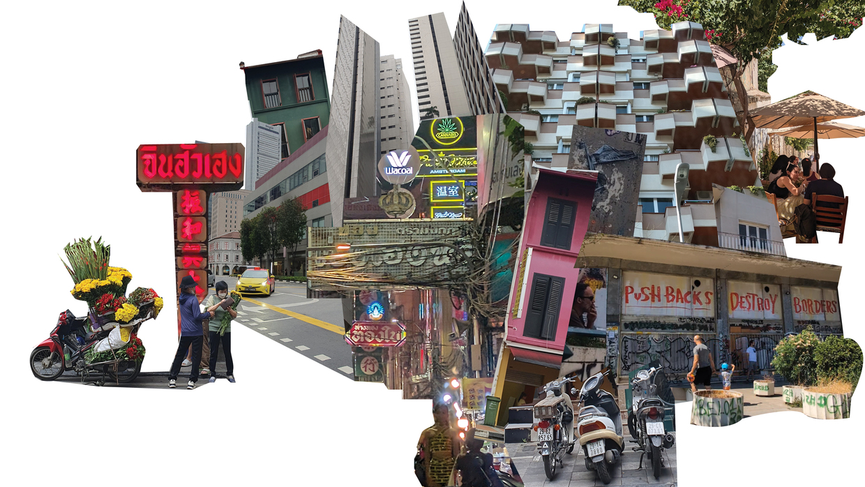 Collage of urban scenes featuring buildings, street signs, people, and motorcycles.
