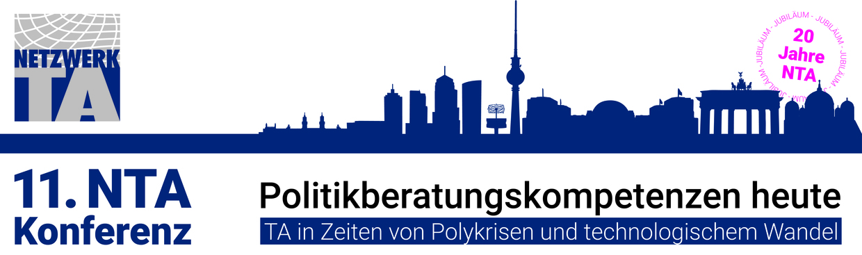 Ansicht mit ikonischer Skyline Berlins in dunkelblau, dazu das NTA-Logo und der Konferenztitel