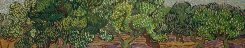 Gemälde "Olive Tree" von Vincent van Gogh zeigt grüne Bäume auf einem Feld unter blauem Himmel.